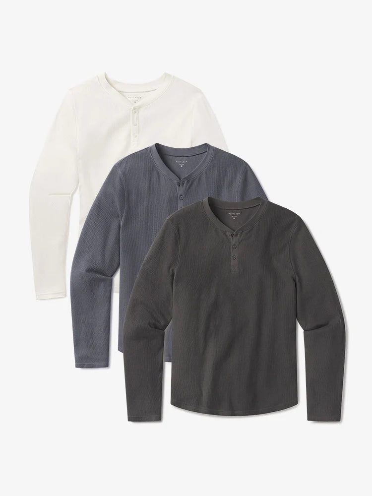 Cotton Waffle Curved Hem Henley 3-Pack