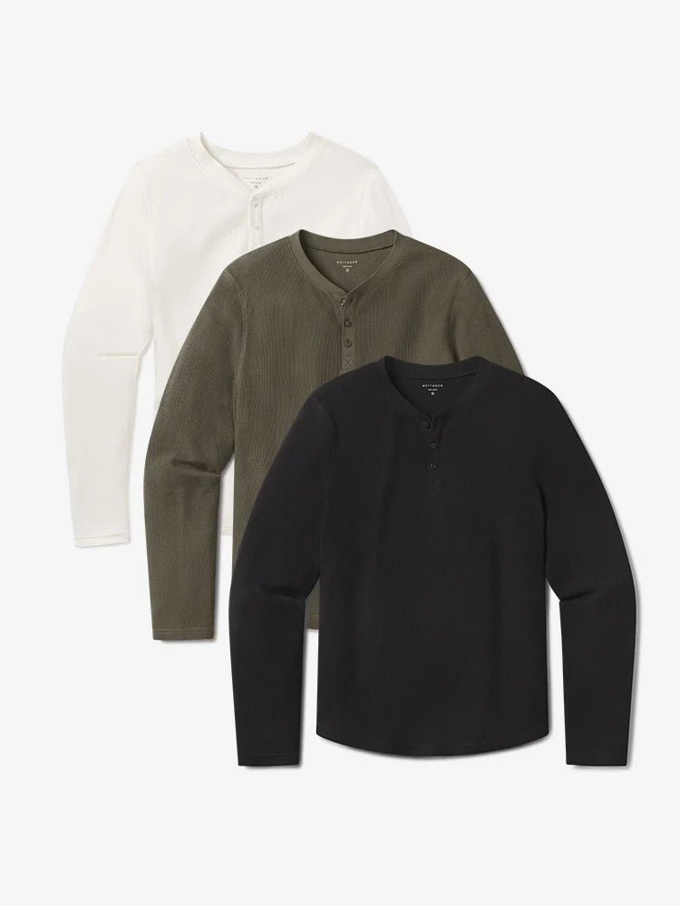 Cotton Waffle Curved Hem Henley 3-Pack