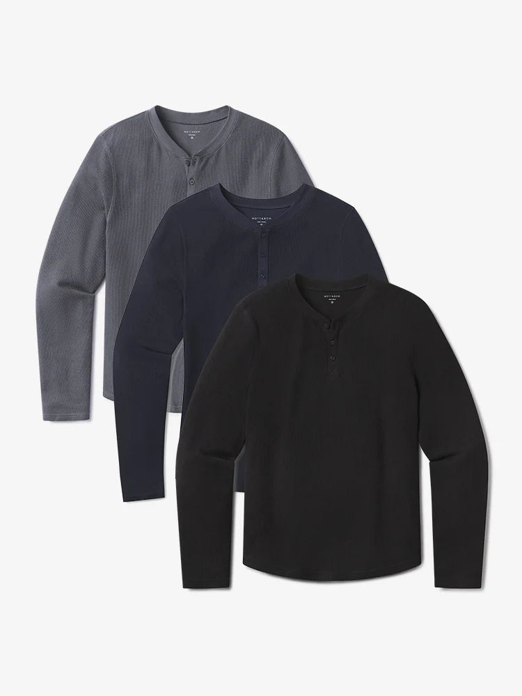 Cotton Waffle Curved Hem Henley 3-Pack